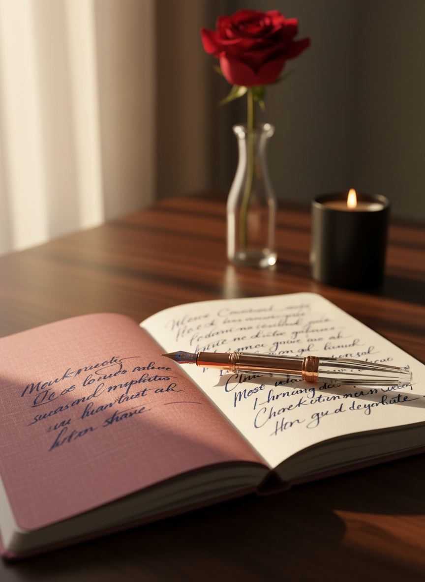A slim, linen-bound notebook in deep blush pink lies open on a dark walnut writing desk, its creamy pages filled with looping, inked lines that hint at a passionate love scene without revealing words. A heavy crystal fountain pen with a rose-gold nib rests diagonally across the gutter. In the background, out of focus, sits a single long-stemmed red rose in a narrow glass vase beside a half-melted soy candle in matte black. Soft golden-hour sunlight pours through an unseen window, grazing the page edges and creating gentle, elongated shadows. Photographic realism with a sophisticated, cinematic feel, shot at eye level with a shallow depth of field, emphasizing intimacy, quiet anticipation, and the sensual elegance of romance writing in progress.