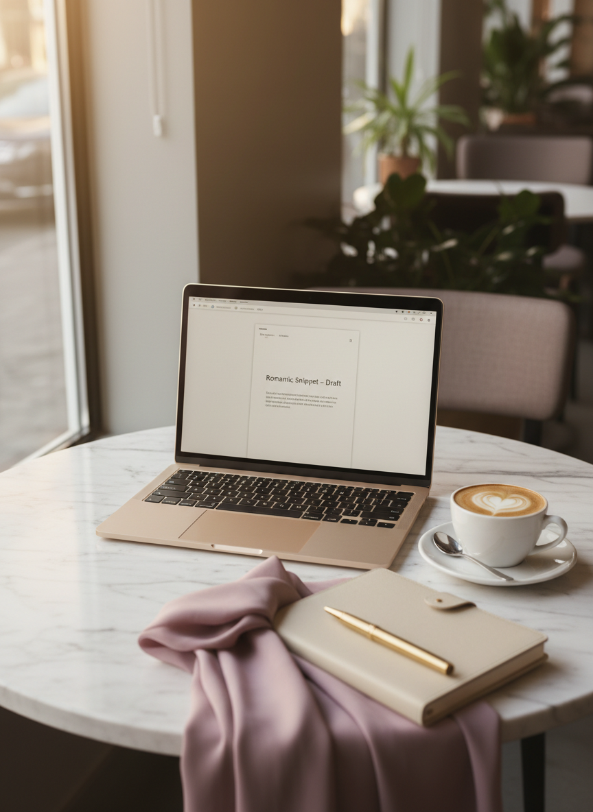 A pristine, modern laptop with a brushed champagne-gold finish is open on a marble-topped café table, its screen displaying a minimalist document layout with the words “Romantic Snippet – Draft” at the top. Next to it, a delicate porcelain cup of cappuccino shows a perfect heart-shaped latte art, resting on a matching saucer with a tiny silver spoon. A soft, mauve silk scarf is casually draped across the edge of the table, spilling slightly onto a leather-bound planner with a brass pen clipped to its cover. Late afternoon sunlight streams through the large window, creating a gentle glow and subtle reflections on the marble surface. Photographic realism, captured from a slightly elevated perspective with a cozy, refined, and quietly aspirational mood, perfect for a sophisticated romance blog aesthetic.