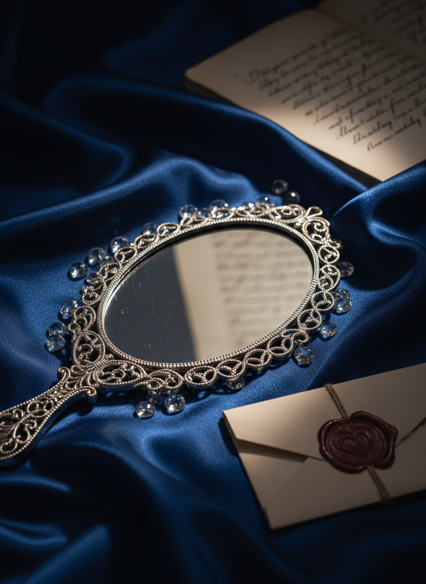 An ornate, antique hand mirror with an intricate silver filigree frame lies on a midnight-blue satin fabric, its reflective surface showing the blurred suggestion of handwritten romantic lines on a page positioned just outside the frame. Scattered around are tiny, faceted glass crystals and a single, perfectly folded handwritten note sealed with deep burgundy wax and an embossed heart. The fabric catches the light in soft ripples, emphasizing texture and depth. A narrow beam of warm spotlight from above contrasts with the cool ambient darkness, creating a dramatic, cinematic chiaroscuro. Photographic realism, shot in close-up with a shallow depth of field, exuding mystery, yearning, and the sophisticated allure of hidden romance and unspoken feelings.