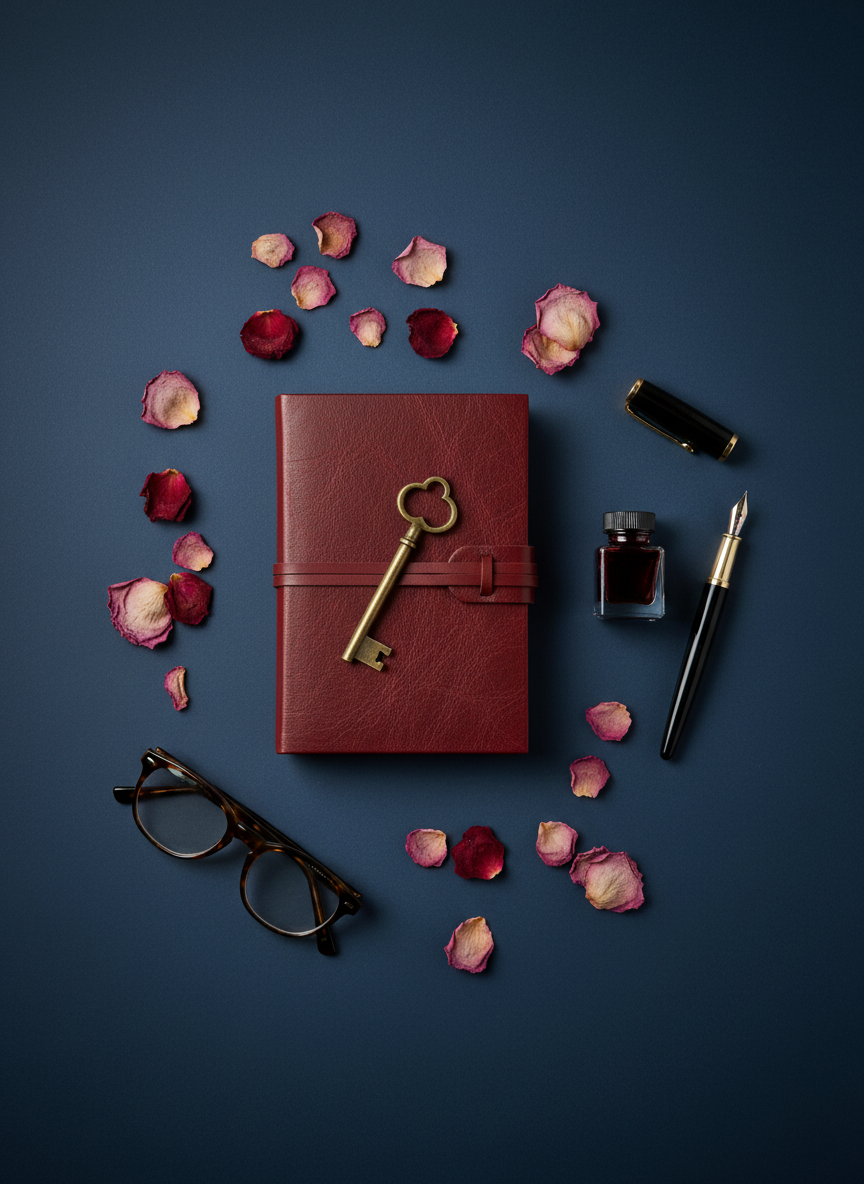 A carefully curated flatlay of romance-writing essentials arranged on a matte, ink-blue background: a closed, textured leather journal in rich oxblood red with a slender wraparound strap, a vintage brass key resting on its cover, scattered rose petals in faded pink and deep crimson, and a slim glass vial of dark red ink beside a fine-tipped fountain pen. A pair of tortoiseshell reading glasses lies slightly askew near the corner. Soft, diffused studio lighting from one side creates delicate shadows and a subtle sheen on the leather and metal surfaces. Photographic realism with a minimalist yet opulent composition, shot from directly overhead, evoking secrets, longing, and the quiet luxury of crafting intimate romantic stories.