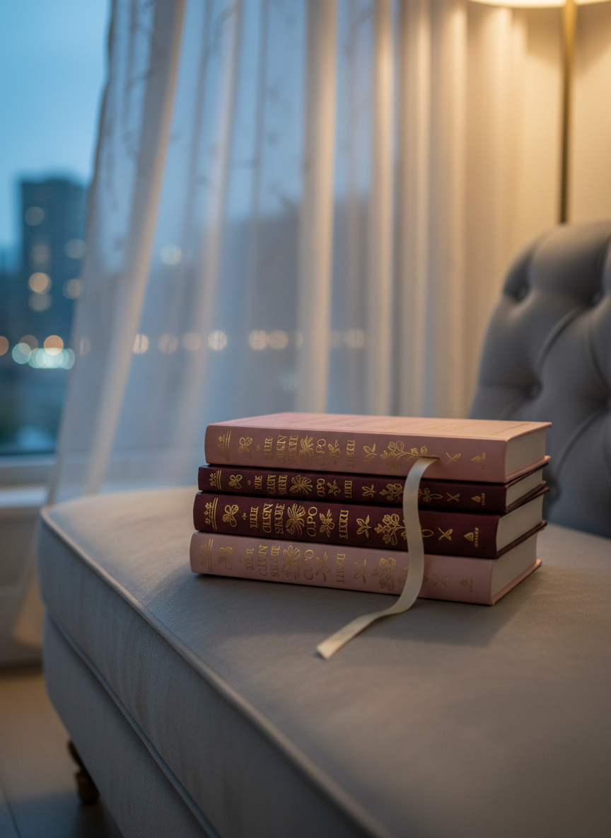 An elegant stack of romance paperbacks with satin-finish covers rests on a dove-gray velvet chaise lounge, their spines in a harmonious palette of blush, burgundy, and champagne tones, each adorned with intricate gold-foil typography and subtle floral motifs. A delicate silk ribbon bookmark drapes from the middle of the top book, cascading onto the plush upholstery. In the background, a floor-length, sheer curtain billows slightly in the twilight breeze, revealing just a hint of a city skyline in bokeh. The scene is illuminated by cool, moody evening light mixed with a warm floor lamp glow, creating a sophisticated, cinematic contrast. Photographic realism, shot at a three-quarter angle with shallow depth of field, evoking indulgence, escapism, and the allure of romantic narratives.