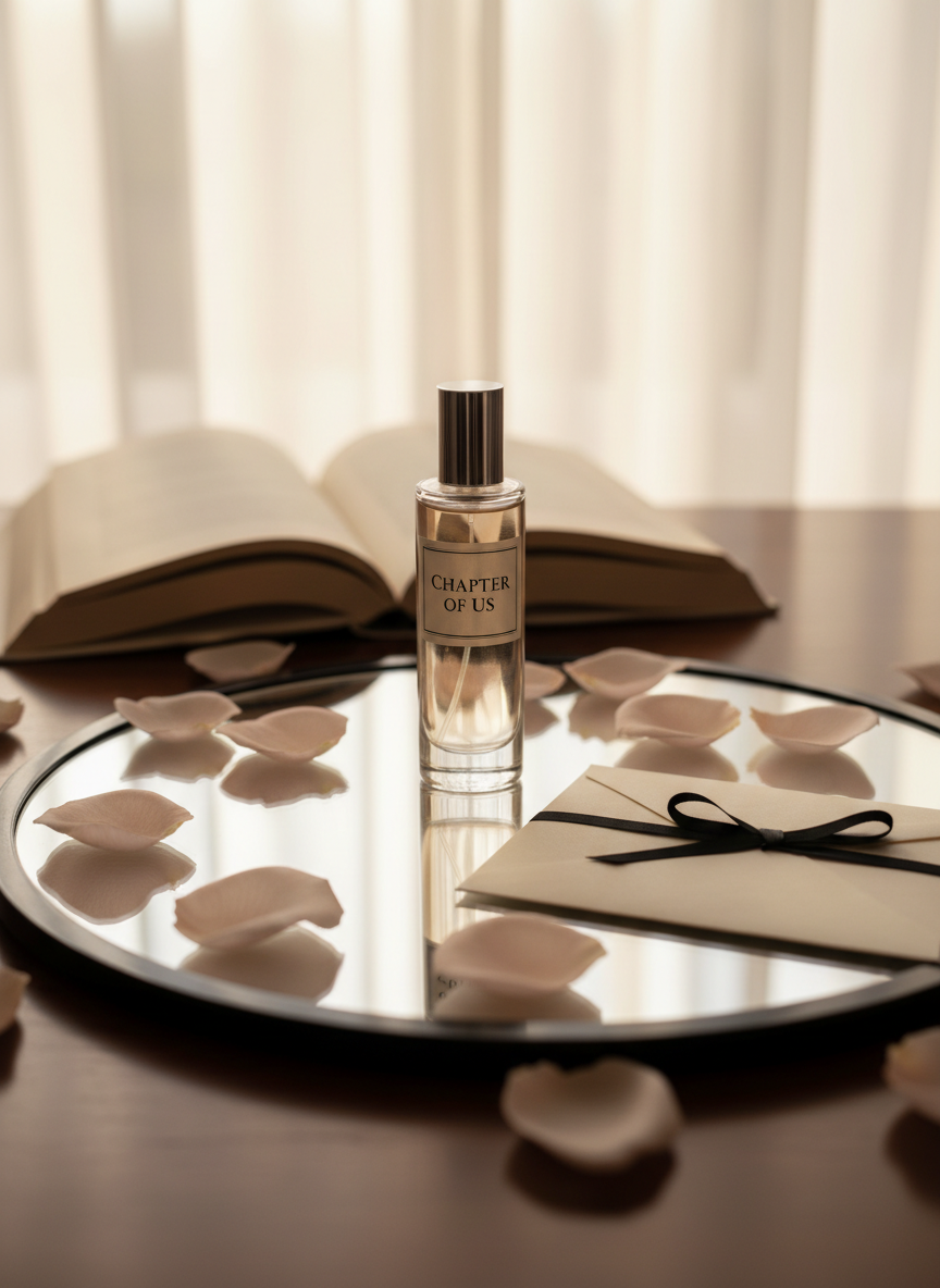 A slender glass bottle of perfume with a minimalist, frosted label reading “Chapter of Us” stands on a mirrored tray, surrounded by pale blush rose petals and a closed ivory envelope tied with a thin, black silk ribbon. The tray rests on a dark wood vanity, its surface subtly reflecting the soft shapes above. In the background, out of focus, an open book lies face down, pages slightly fanned. Soft morning light filters through sheer curtains, bathing the scene in a gentle, diffused glow that catches the perfume’s beveled edges. Photographic realism with a refined, editorial feel, captured at a low, intimate angle, evoking sensuality, memory, and the quiet beginning of a romance story.