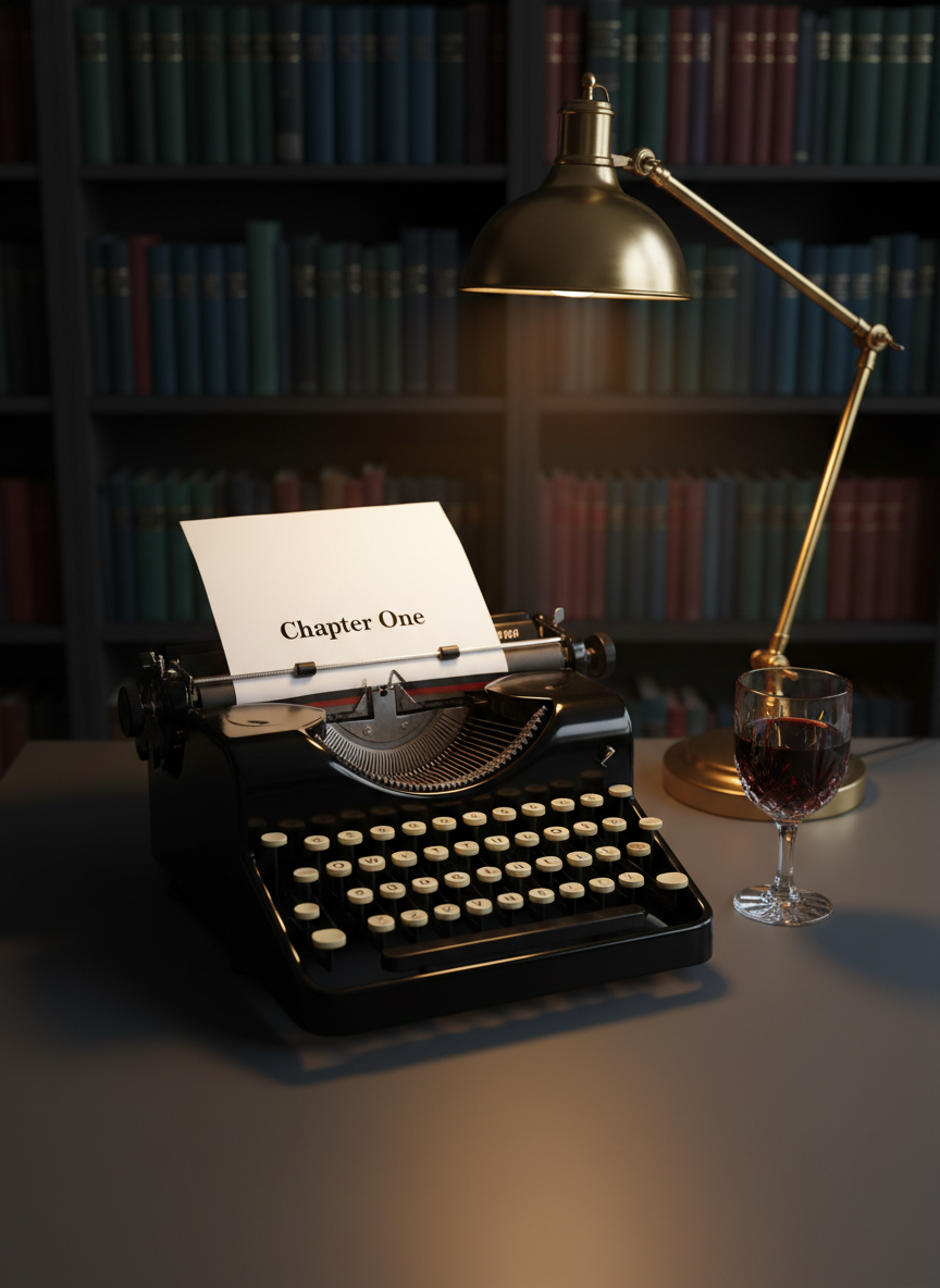 A vintage typewriter in glossy black enamel with round ivory keys sits centered on a smooth, charcoal-gray desk, a single sheet of crisp white paper rolled into place bearing the title “Chapter One” in bold letters. Beside it, a cut crystal tumbler holds deep red wine, catching fragments of warm lamplight. In the blurred background, floor-to-ceiling bookshelves overflow with hardcovers in muted jewel tones. The scene is lit by a brass desk lamp with a warm, focused pool of light, leaving the corners in soft shadow. Captured in photographic realism from a slightly elevated angle, with rich contrast and a refined, literary atmosphere that suggests sophisticated, slow-burn romance and crafted storytelling.